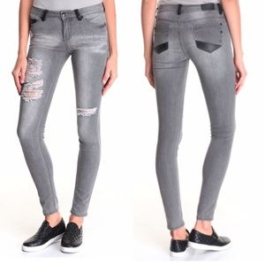 Faux Leather Distressed Super Skinny Jeans 3/4
